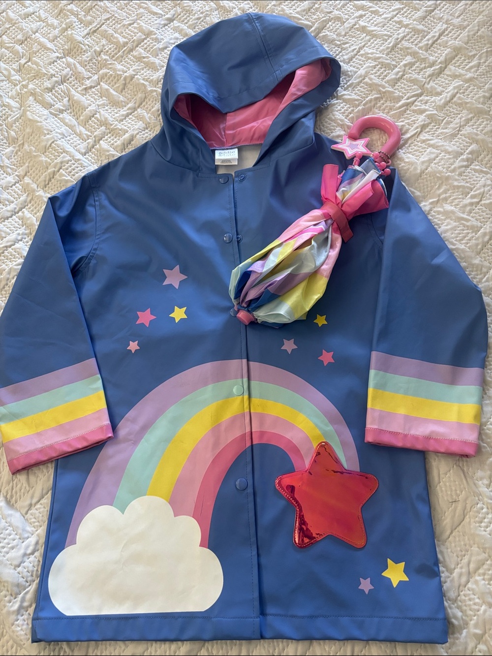 Kids Blue Rainbow Hooded Raincoat with Matching Umbrella